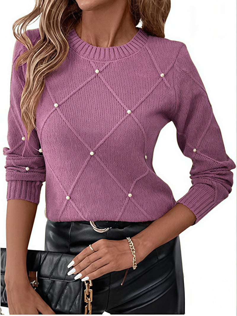 Women'S Elegant Beige Sweater with Pearl Detailing - Long Sleeve Round Neck Loose-Fit Pullover, Hand Washable All-Season Casual & Formal Outfits