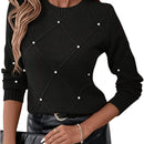 Women'S Elegant Beige Sweater with Pearl Detailing - Long Sleeve Round Neck Loose-Fit Pullover, Hand Washable All-Season Casual & Formal Outfits