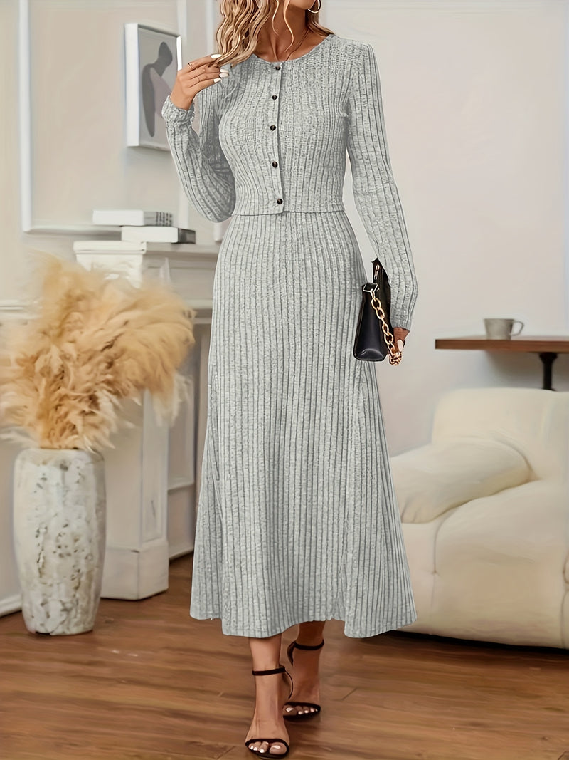 Elegant Long Sleeve Cardigan Dress Two-Piece Set - Fall/Winter Style, Solid Color A-Line Dress with Buttoned Front, Perfect for Commuting, Office Attire, Office Attire|Elegant Dress|Sleek Fit