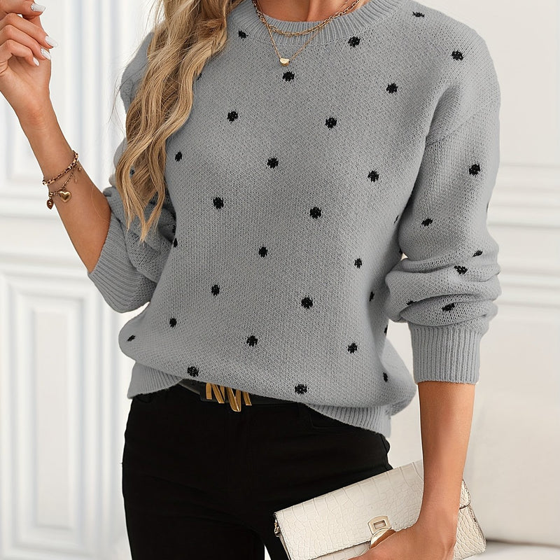 Women'S Red Polka Dot Crew Neck Sweater - Casual Long Sleeve Pullover with Ruffled Hem, Soft & Cozy Fall/Winter Top, Perfect for Casual Attire, Cozy Sweater, Polka Dot Sweater For Women, Polka Dot Long Sleeve Top, Polka Dot B