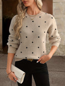 Women'S Red Polka Dot Crew Neck Sweater - Casual Long Sleeve Pullover with Ruffled Hem, Soft & Cozy Fall/Winter Top, Perfect for Casual Attire, Cozy Sweater, Polka Dot Sweater For Women, Polka Dot Long Sleeve Top, Polka Dot B