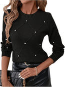 Women'S Elegant Beige Sweater with Pearl Detailing - Long Sleeve Round Neck Loose-Fit Pullover, Hand Washable All-Season Casual & Formal Outfits