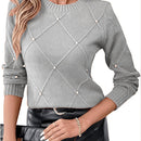 Women'S Elegant Beige Sweater with Pearl Detailing - Long Sleeve Round Neck Loose-Fit Pullover, Hand Washable All-Season Casual & Formal Outfits