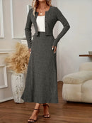 Elegant Long Sleeve Cardigan Dress Two-Piece Set - Fall/Winter Style, Solid Color A-Line Dress with Buttoned Front, Perfect for Commuting, Office Attire, Office Attire|Elegant Dress|Sleek Fit