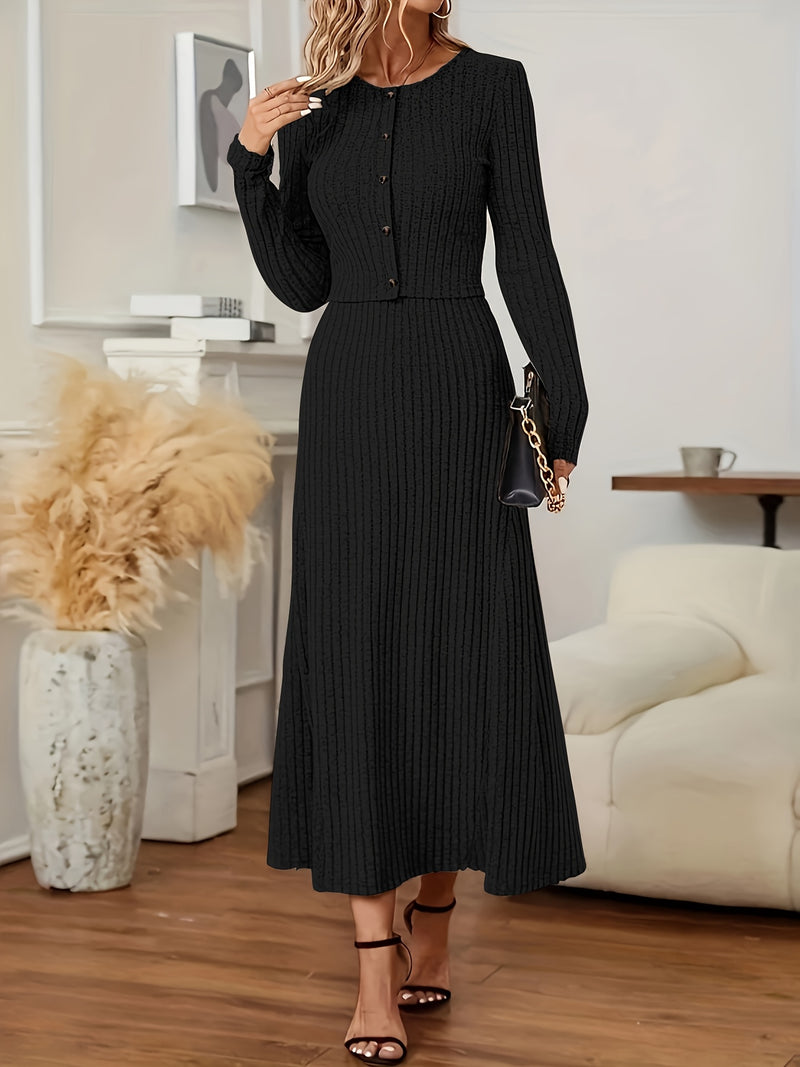 Elegant Long Sleeve Cardigan Dress Two-Piece Set - Fall/Winter Style, Solid Color A-Line Dress with Buttoned Front, Perfect for Commuting, Office Attire, Office Attire|Elegant Dress|Sleek Fit
