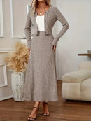 Elegant Long Sleeve Cardigan Dress Two-Piece Set - Fall/Winter Style, Solid Color A-Line Dress with Buttoned Front, Perfect for Commuting, Office Attire, Office Attire|Elegant Dress|Sleek Fit