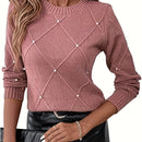 Women'S Elegant Beige Sweater with Pearl Detailing - Long Sleeve Round Neck Loose-Fit Pullover, Hand Washable All-Season Casual & Formal Outfits