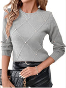 Women'S Elegant Beige Sweater with Pearl Detailing - Long Sleeve Round Neck Loose-Fit Pullover, Hand Washable All-Season Casual & Formal Outfits