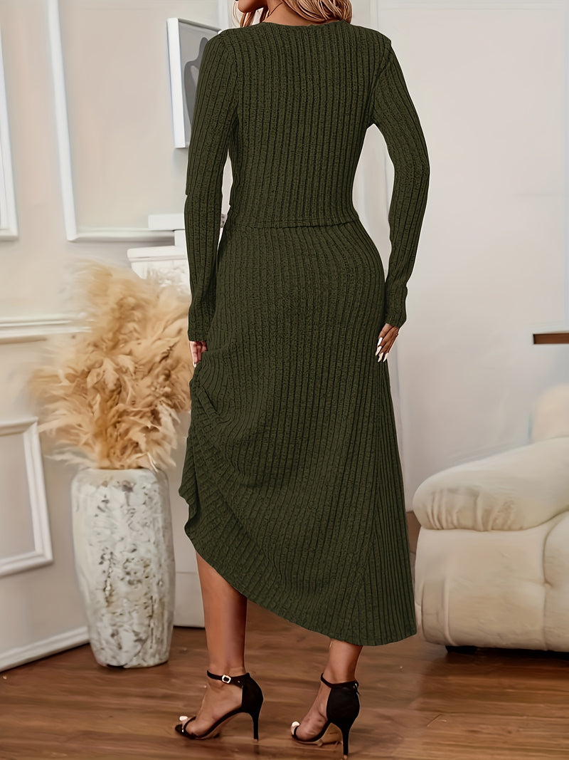 Elegant Long Sleeve Cardigan Dress Two-Piece Set - Fall/Winter Style, Solid Color A-Line Dress with Buttoned Front, Perfect for Commuting, Office Attire, Office Attire|Elegant Dress|Sleek Fit