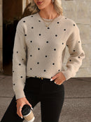 Women'S Red Polka Dot Crew Neck Sweater - Casual Long Sleeve Pullover with Ruffled Hem, Soft & Cozy Fall/Winter Top, Perfect for Casual Attire, Cozy Sweater, Polka Dot Sweater For Women, Polka Dot Long Sleeve Top, Polka Dot B