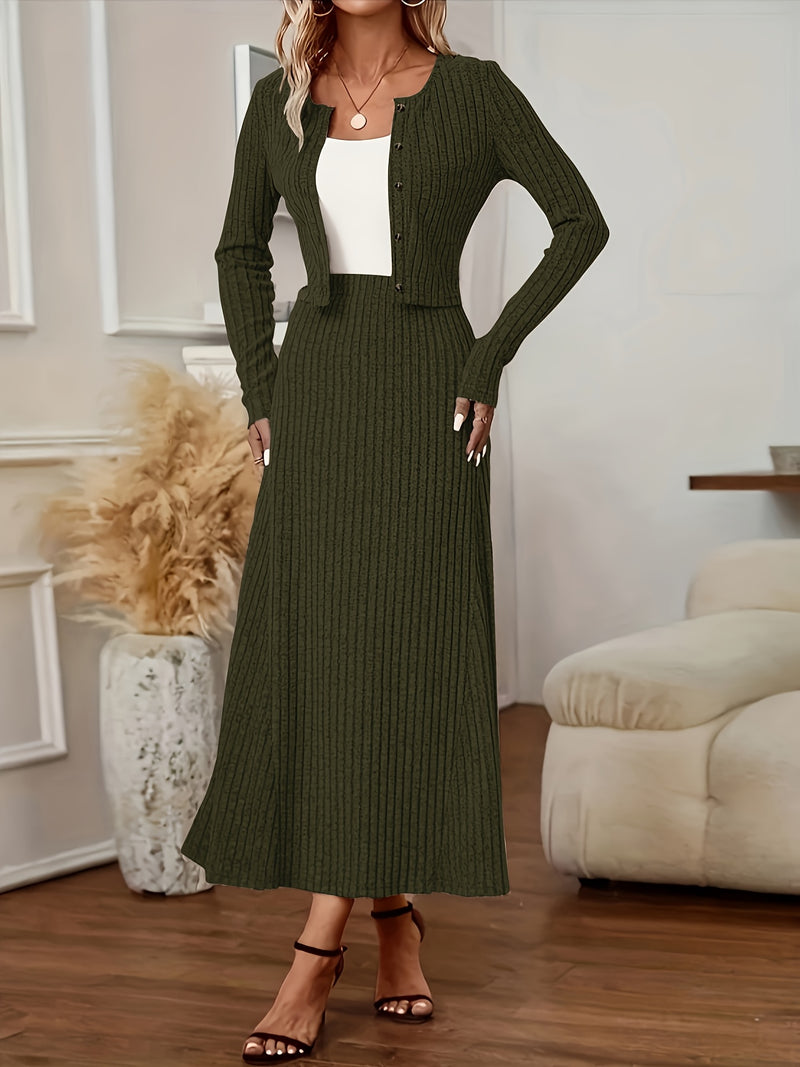 Elegant Long Sleeve Cardigan Dress Two-Piece Set - Fall/Winter Style, Solid Color A-Line Dress with Buttoned Front, Perfect for Commuting, Office Attire, Office Attire|Elegant Dress|Sleek Fit