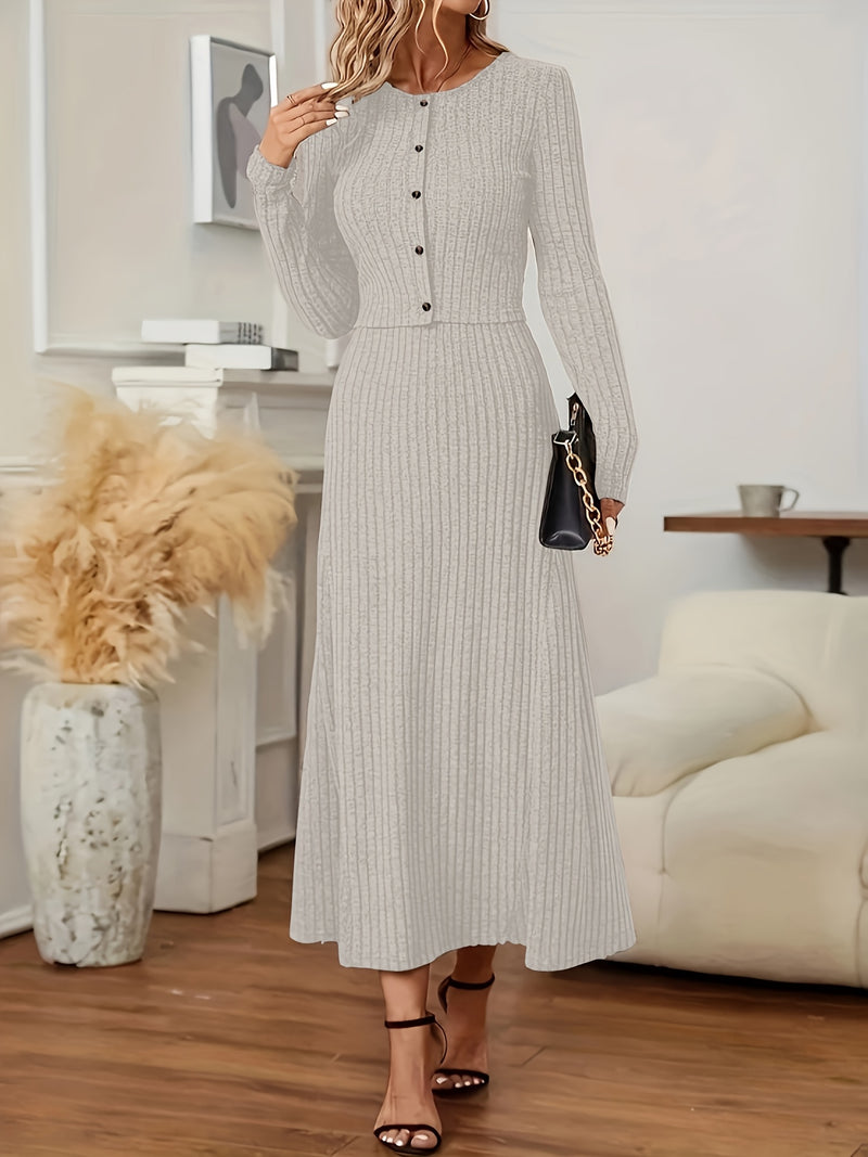 Elegant Long Sleeve Cardigan Dress Two-Piece Set - Fall/Winter Style, Solid Color A-Line Dress with Buttoned Front, Perfect for Commuting, Office Attire, Office Attire|Elegant Dress|Sleek Fit