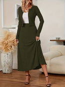 Elegant Long Sleeve Cardigan Dress Two-Piece Set - Fall/Winter Style, Solid Color A-Line Dress with Buttoned Front, Perfect for Commuting, Office Attire, Office Attire|Elegant Dress|Sleek Fit