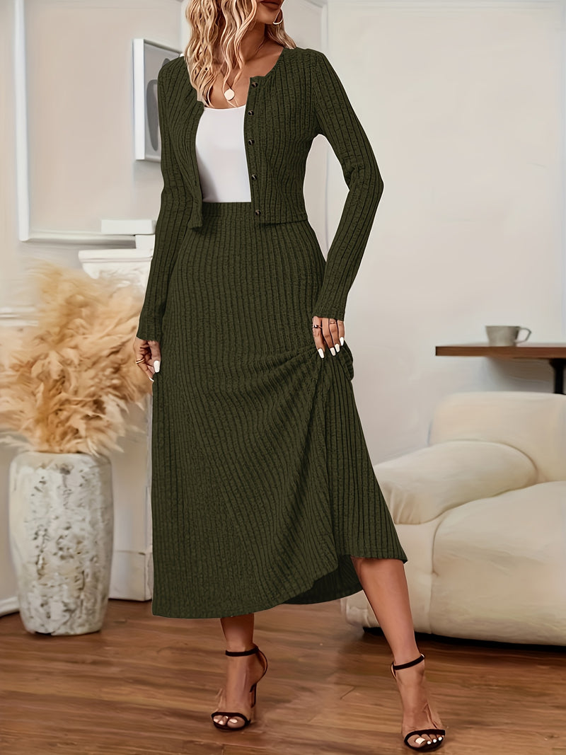 Elegant Long Sleeve Cardigan Dress Two-Piece Set - Fall/Winter Style, Solid Color A-Line Dress with Buttoned Front, Perfect for Commuting, Office Attire, Office Attire|Elegant Dress|Sleek Fit