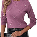 Women'S Elegant Beige Sweater with Pearl Detailing - Long Sleeve Round Neck Loose-Fit Pullover, Hand Washable All-Season Casual & Formal Outfits