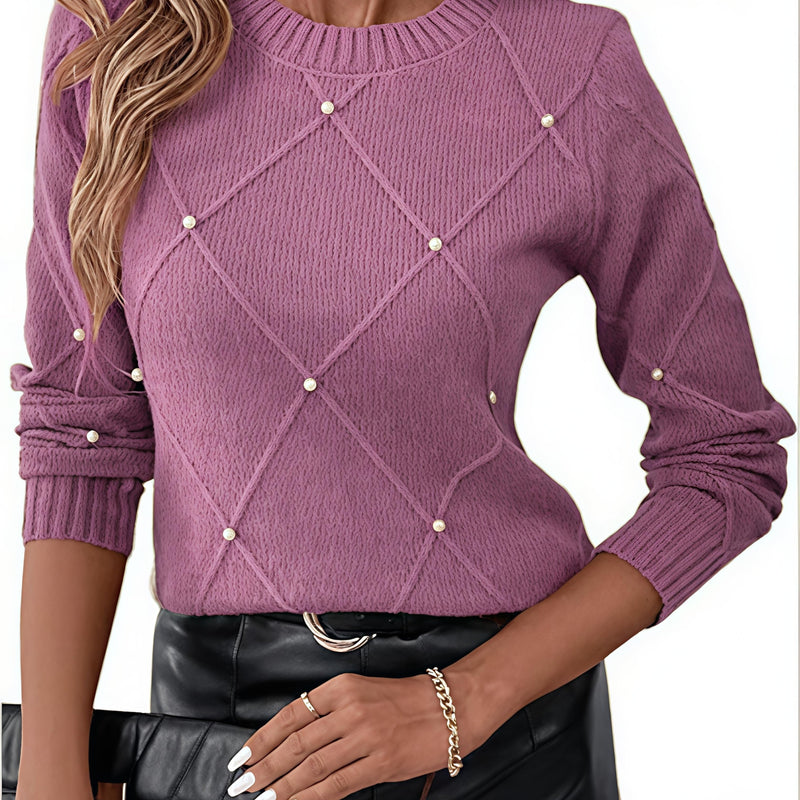 Women'S Elegant Beige Sweater with Pearl Detailing - Long Sleeve Round Neck Loose-Fit Pullover, Hand Washable All-Season Casual & Formal Outfits