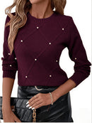 Women'S Elegant Beige Sweater with Pearl Detailing - Long Sleeve Round Neck Loose-Fit Pullover, Hand Washable All-Season Casual & Formal Outfits