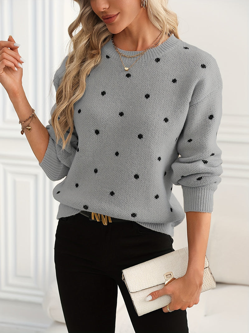Women'S Red Polka Dot Crew Neck Sweater - Casual Long Sleeve Pullover with Ruffled Hem, Soft & Cozy Fall/Winter Top, Perfect for Casual Attire, Cozy Sweater, Polka Dot Sweater For Women, Polka Dot Long Sleeve Top, Polka Dot B