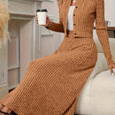 Elegant Long Sleeve Cardigan Dress Two-Piece Set - Fall/Winter Style, Solid Color A-Line Dress with Buttoned Front, Perfect for Commuting, Office Attire, Office Attire|Elegant Dress|Sleek Fit