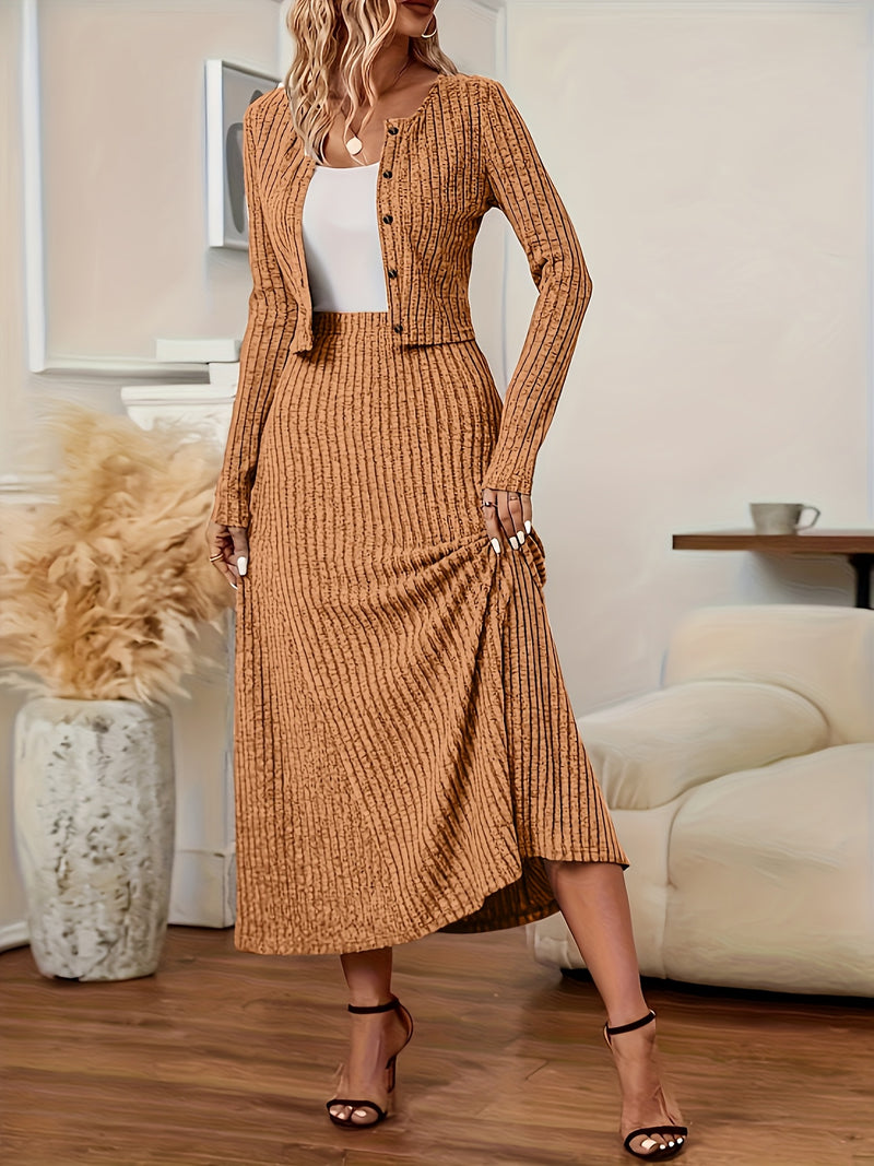 Elegant Long Sleeve Cardigan Dress Two-Piece Set - Fall/Winter Style, Solid Color A-Line Dress with Buttoned Front, Perfect for Commuting, Office Attire, Office Attire|Elegant Dress|Sleek Fit