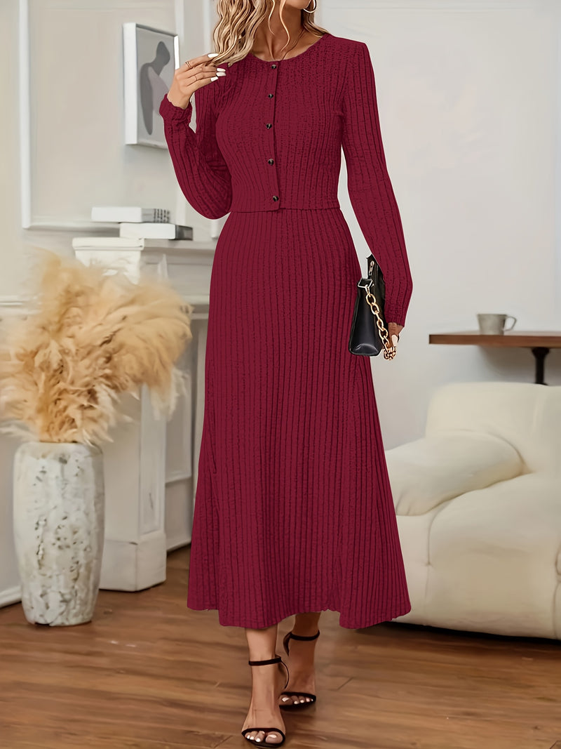 Elegant Long Sleeve Cardigan Dress Two-Piece Set - Fall/Winter Style, Solid Color A-Line Dress with Buttoned Front, Perfect for Commuting, Office Attire, Office Attire|Elegant Dress|Sleek Fit