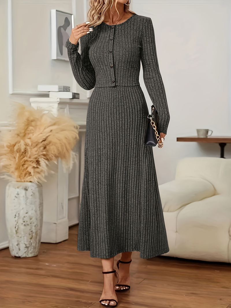 Elegant Long Sleeve Cardigan Dress Two-Piece Set - Fall/Winter Style, Solid Color A-Line Dress with Buttoned Front, Perfect for Commuting, Office Attire, Office Attire|Elegant Dress|Sleek Fit