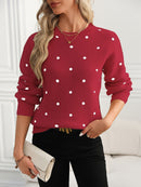 Women'S Red Polka Dot Crew Neck Sweater - Casual Long Sleeve Pullover with Ruffled Hem, Soft & Cozy Fall/Winter Top, Perfect for Casual Attire, Cozy Sweater, Polka Dot Sweater For Women, Polka Dot Long Sleeve Top, Polka Dot B