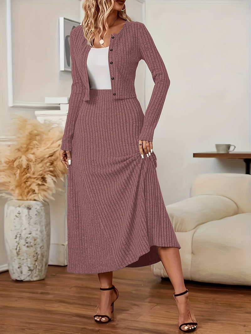 Elegant Long Sleeve Cardigan Dress Two-Piece Set - Fall/Winter Style, Solid Color A-Line Dress with Buttoned Front, Perfect for Commuting, Office Attire, Office Attire|Elegant Dress|Sleek Fit