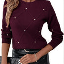 Women'S Elegant Beige Sweater with Pearl Detailing - Long Sleeve Round Neck Loose-Fit Pullover, Hand Washable All-Season Casual & Formal Outfits