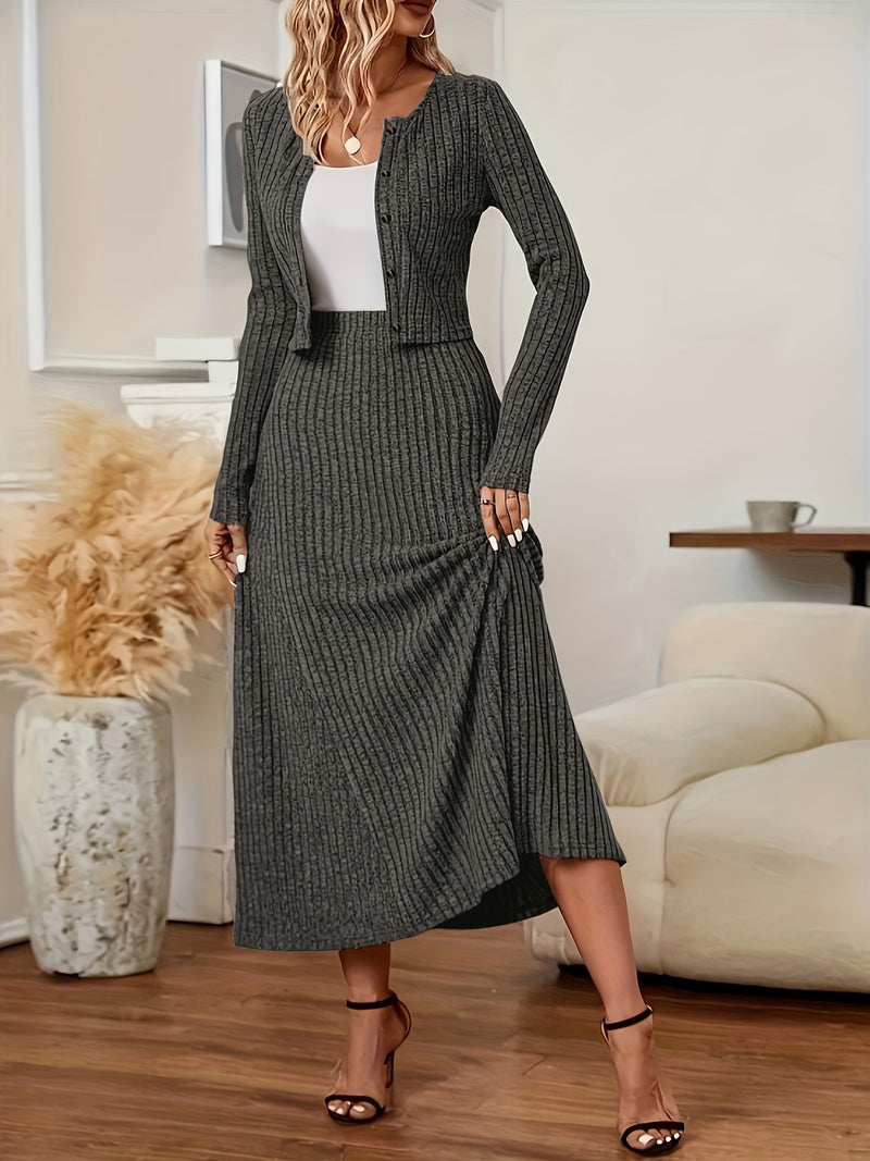 Elegant Long Sleeve Cardigan Dress Two-Piece Set - Fall/Winter Style, Solid Color A-Line Dress with Buttoned Front, Perfect for Commuting, Office Attire, Office Attire|Elegant Dress|Sleek Fit