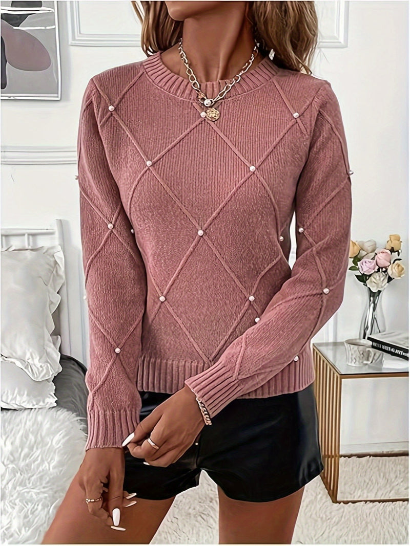 Women'S Elegant Beige Sweater with Pearl Detailing - Long Sleeve Round Neck Loose-Fit Pullover, Hand Washable All-Season Casual & Formal Outfits