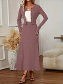 Elegant Long Sleeve Cardigan Dress Two-Piece Set - Fall/Winter Style, Solid Color A-Line Dress with Buttoned Front, Perfect for Commuting, Office Attire, Office Attire|Elegant Dress|Sleek Fit