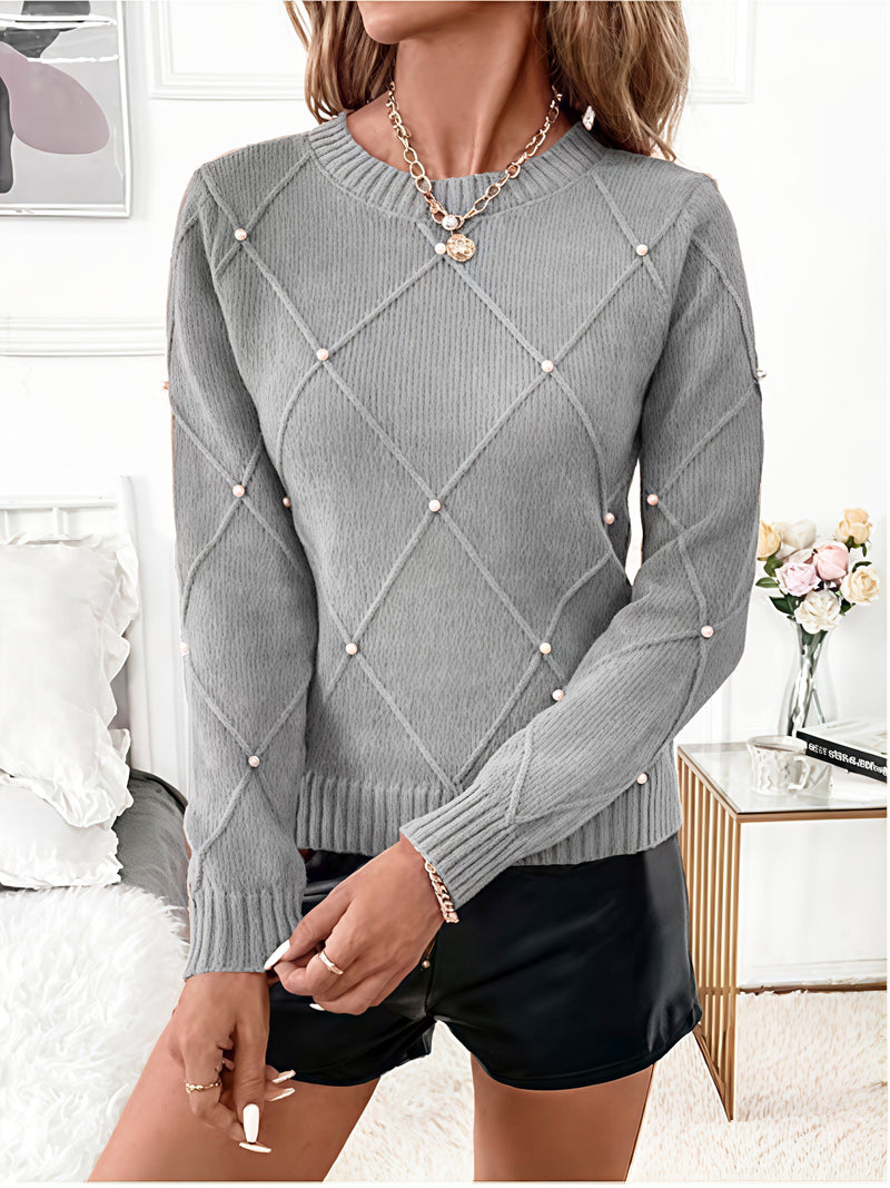 Women'S Elegant Beige Sweater with Pearl Detailing - Long Sleeve Round Neck Loose-Fit Pullover, Hand Washable All-Season Casual & Formal Outfits