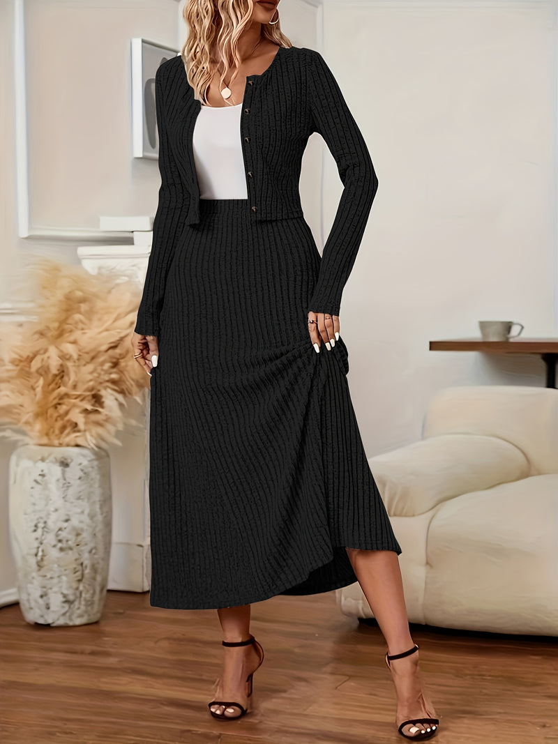 Elegant Long Sleeve Cardigan Dress Two-Piece Set - Fall/Winter Style, Solid Color A-Line Dress with Buttoned Front, Perfect for Commuting, Office Attire, Office Attire|Elegant Dress|Sleek Fit