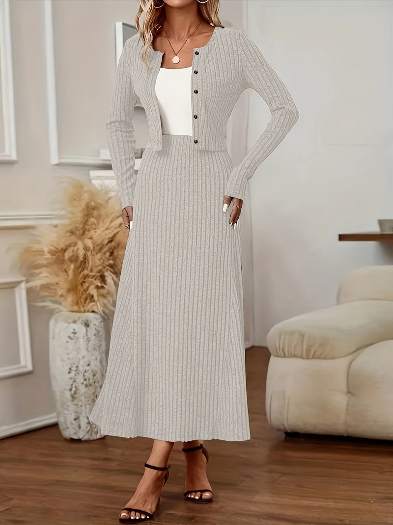 Elegant Long Sleeve Cardigan Dress Two-Piece Set - Fall/Winter Style, Solid Color A-Line Dress with Buttoned Front, Perfect for Commuting, Office Attire, Office Attire|Elegant Dress|Sleek Fit