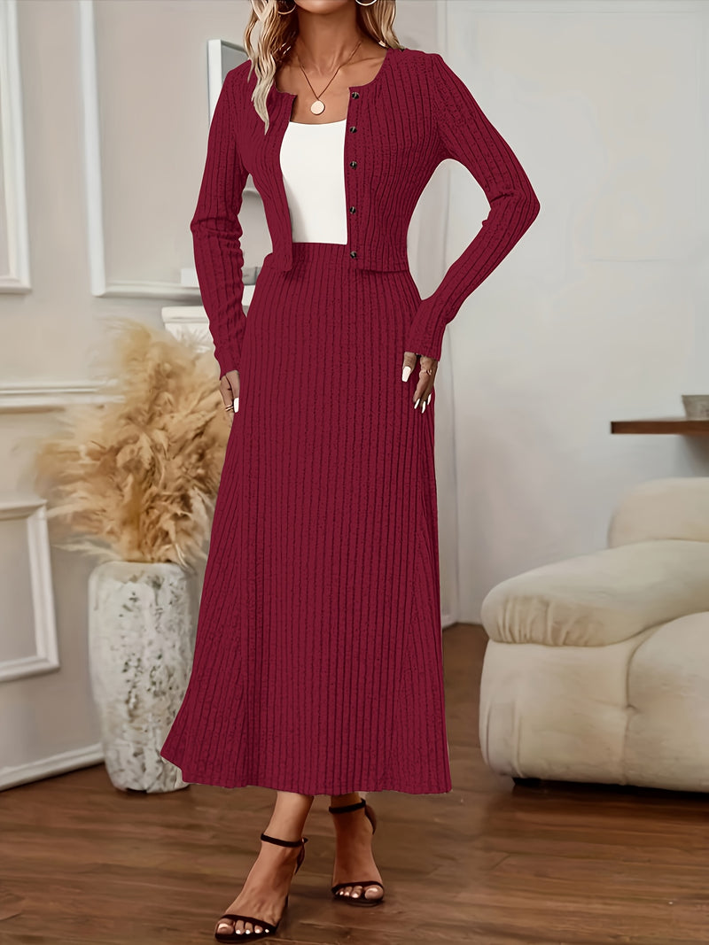 Elegant Long Sleeve Cardigan Dress Two-Piece Set - Fall/Winter Style, Solid Color A-Line Dress with Buttoned Front, Perfect for Commuting, Office Attire, Office Attire|Elegant Dress|Sleek Fit
