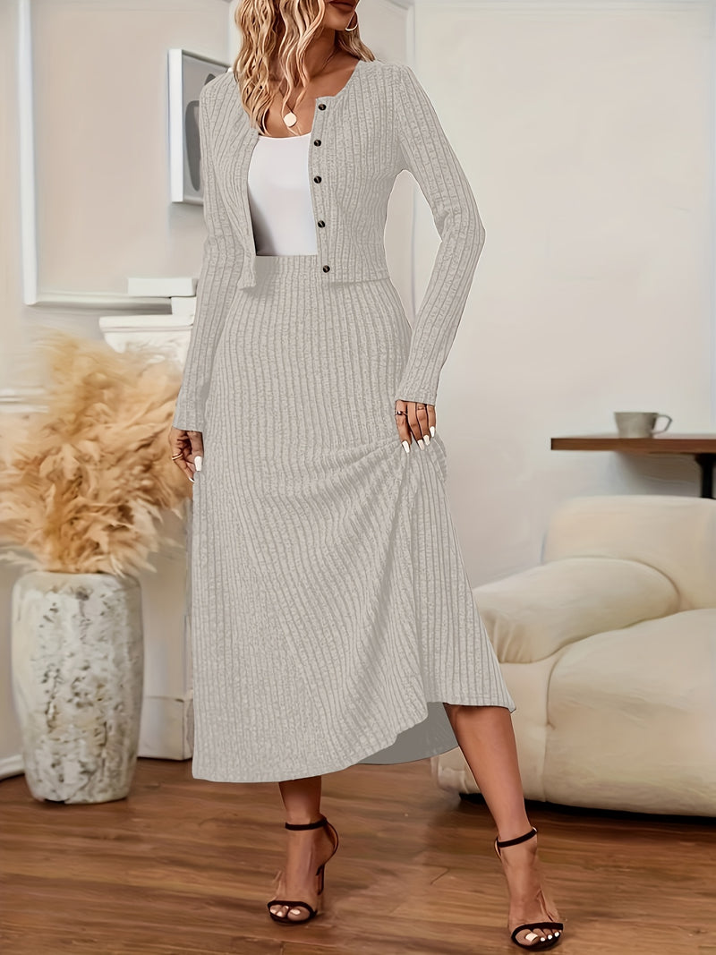 Elegant Long Sleeve Cardigan Dress Two-Piece Set - Fall/Winter Style, Solid Color A-Line Dress with Buttoned Front, Perfect for Commuting, Office Attire, Office Attire|Elegant Dress|Sleek Fit