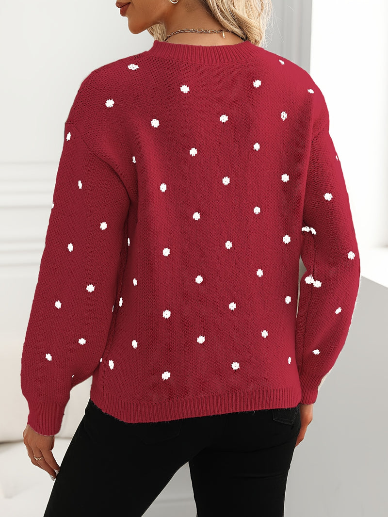 Women'S Red Polka Dot Crew Neck Sweater - Casual Long Sleeve Pullover with Ruffled Hem, Soft & Cozy Fall/Winter Top, Perfect for Casual Attire, Cozy Sweater, Polka Dot Sweater For Women, Polka Dot Long Sleeve Top, Polka Dot B
