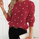 Women'S Red Polka Dot Crew Neck Sweater - Casual Long Sleeve Pullover with Ruffled Hem, Soft & Cozy Fall/Winter Top, Perfect for Casual Attire, Cozy Sweater, Polka Dot Sweater For Women, Polka Dot Long Sleeve Top, Polka Dot B