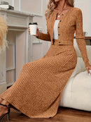 Elegant Long Sleeve Cardigan Dress Two-Piece Set - Fall/Winter Style, Solid Color A-Line Dress with Buttoned Front, Perfect for Commuting, Office Attire, Office Attire|Elegant Dress|Sleek Fit