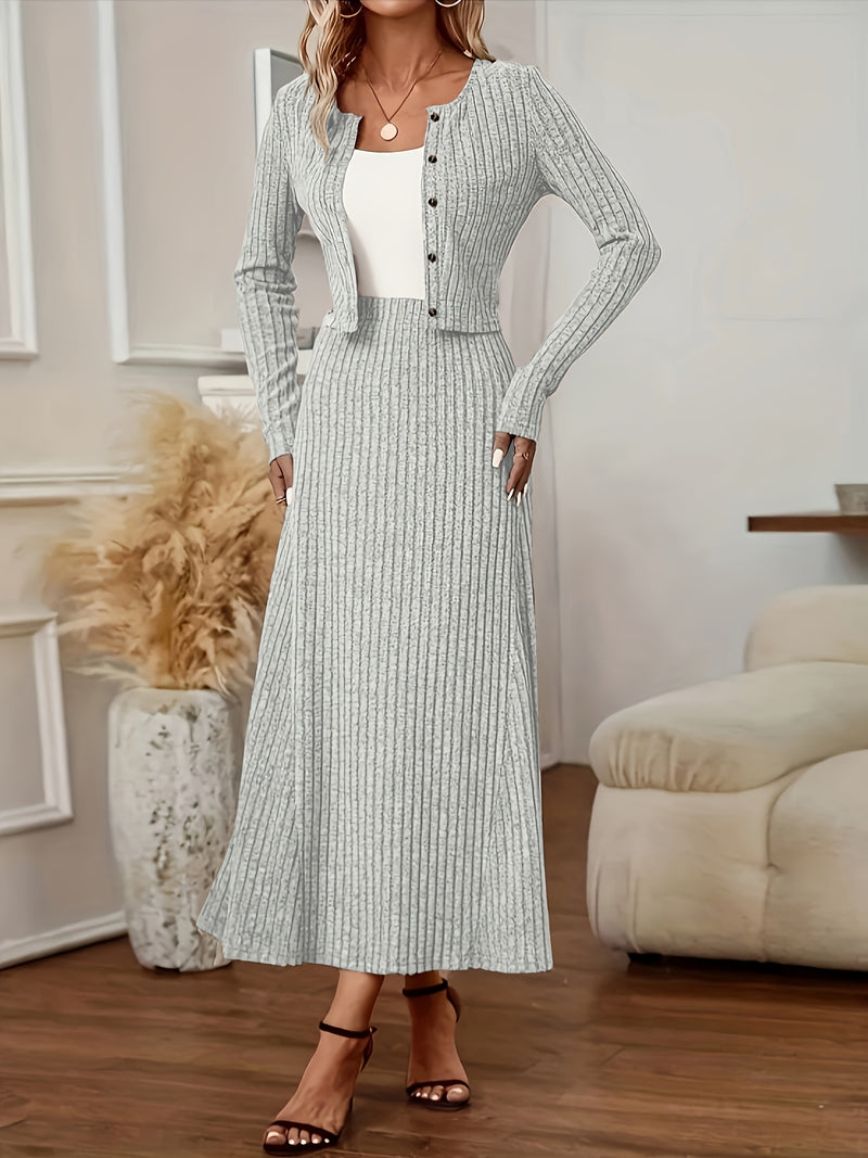 Elegant Long Sleeve Cardigan Dress Two-Piece Set - Fall/Winter Style, Solid Color A-Line Dress with Buttoned Front, Perfect for Commuting, Office Attire, Office Attire|Elegant Dress|Sleek Fit