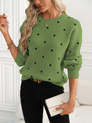 Women'S Red Polka Dot Crew Neck Sweater - Casual Long Sleeve Pullover with Ruffled Hem, Soft & Cozy Fall/Winter Top, Perfect for Casual Attire, Cozy Sweater, Polka Dot Sweater For Women, Polka Dot Long Sleeve Top, Polka Dot B