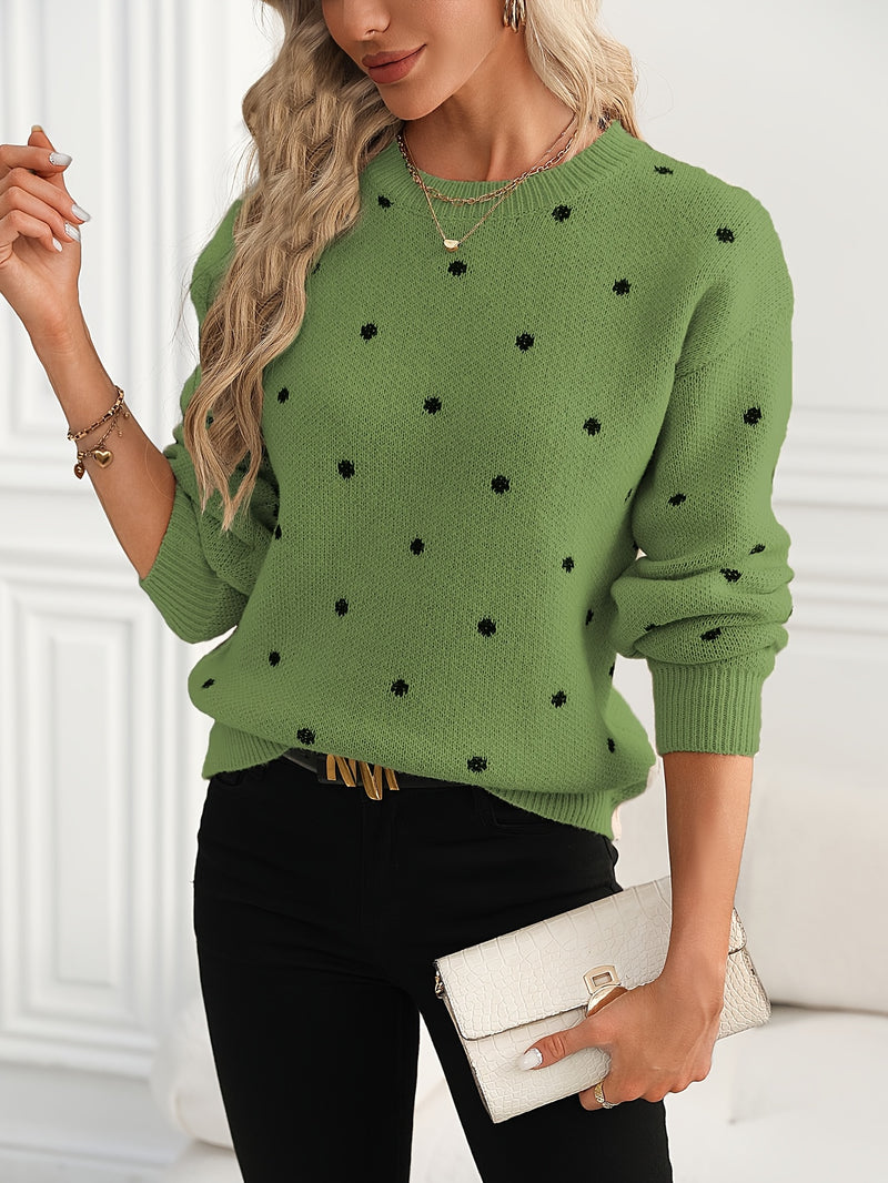 Women'S Red Polka Dot Crew Neck Sweater - Casual Long Sleeve Pullover with Ruffled Hem, Soft & Cozy Fall/Winter Top, Perfect for Casual Attire, Cozy Sweater, Polka Dot Sweater For Women, Polka Dot Long Sleeve Top, Polka Dot B
