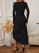 Elegant Long Sleeve Cardigan Dress Two-Piece Set - Fall/Winter Style, Solid Color A-Line Dress with Buttoned Front, Perfect for Commuting, Office Attire, Office Attire|Elegant Dress|Sleek Fit