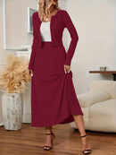 Elegant Long Sleeve Cardigan Dress Two-Piece Set - Fall/Winter Style, Solid Color A-Line Dress with Buttoned Front, Perfect for Commuting, Office Attire, Office Attire|Elegant Dress|Sleek Fit