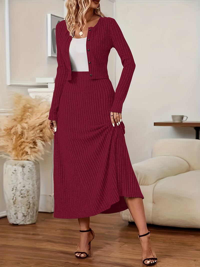 Elegant Long Sleeve Cardigan Dress Two-Piece Set - Fall/Winter Style, Solid Color A-Line Dress with Buttoned Front, Perfect for Commuting, Office Attire, Office Attire|Elegant Dress|Sleek Fit
