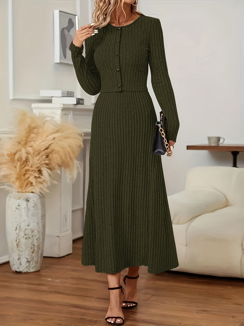 Elegant Long Sleeve Cardigan Dress Two-Piece Set - Fall/Winter Style, Solid Color A-Line Dress with Buttoned Front, Perfect for Commuting, Office Attire, Office Attire|Elegant Dress|Sleek Fit