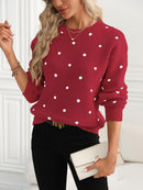 Women'S Red Polka Dot Crew Neck Sweater - Casual Long Sleeve Pullover with Ruffled Hem, Soft & Cozy Fall/Winter Top, Perfect for Casual Attire, Cozy Sweater, Polka Dot Sweater For Women, Polka Dot Long Sleeve Top, Polka Dot B