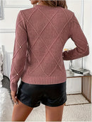 Women'S Elegant Beige Sweater with Pearl Detailing - Long Sleeve Round Neck Loose-Fit Pullover, Hand Washable All-Season Casual & Formal Outfits