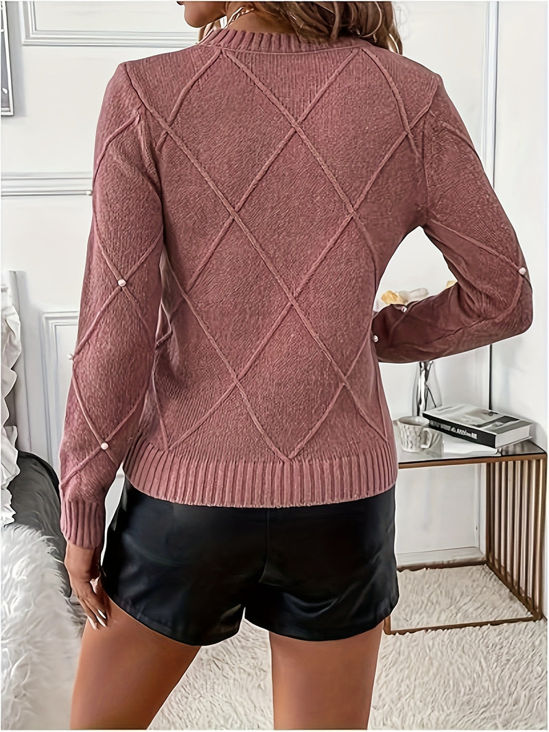 Women'S Elegant Beige Sweater with Pearl Detailing - Long Sleeve Round Neck Loose-Fit Pullover, Hand Washable All-Season Casual & Formal Outfits